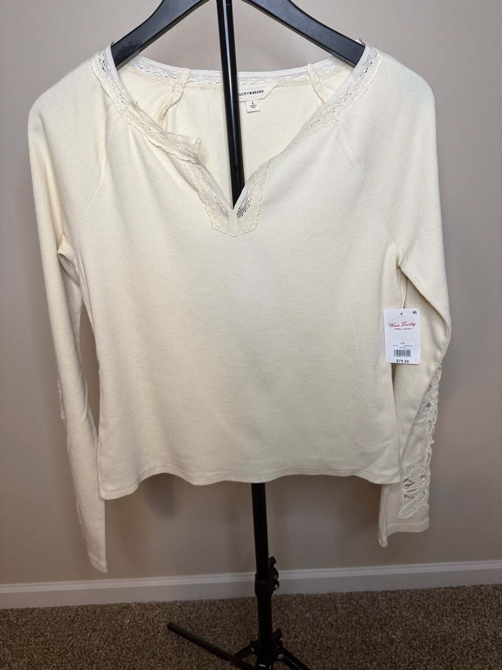 Lucky Brand L-Size Knit Henly with Lace Trim and Floral Eyelet Sleeves